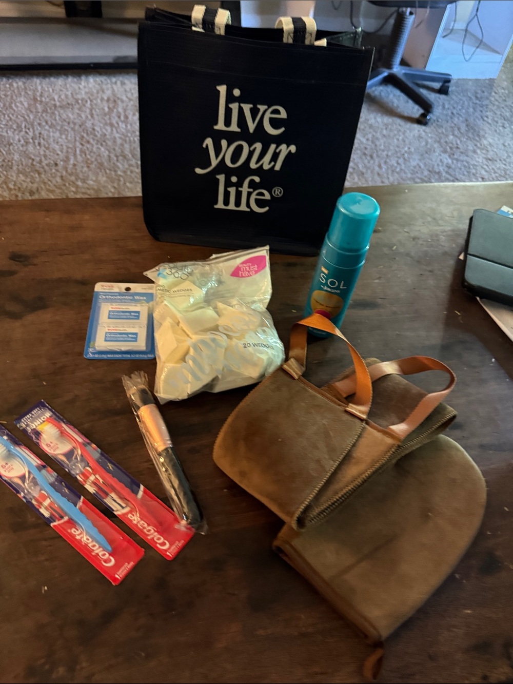 Care package. Sunless tanning, beauty products in a cute bag